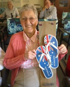 Australia Day thong tossing winner Mavis at Belmont Grange, aged care celebrations, aged care geelong, aged care lifestyle program, Australia Day Aged Care, Australia Day Celebrations